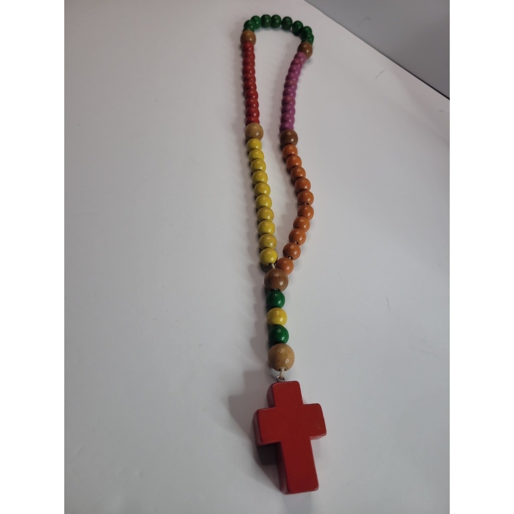 Colorful Wooden Cross Necklace Rainbow Bead Christian Statement Necklace Faith J